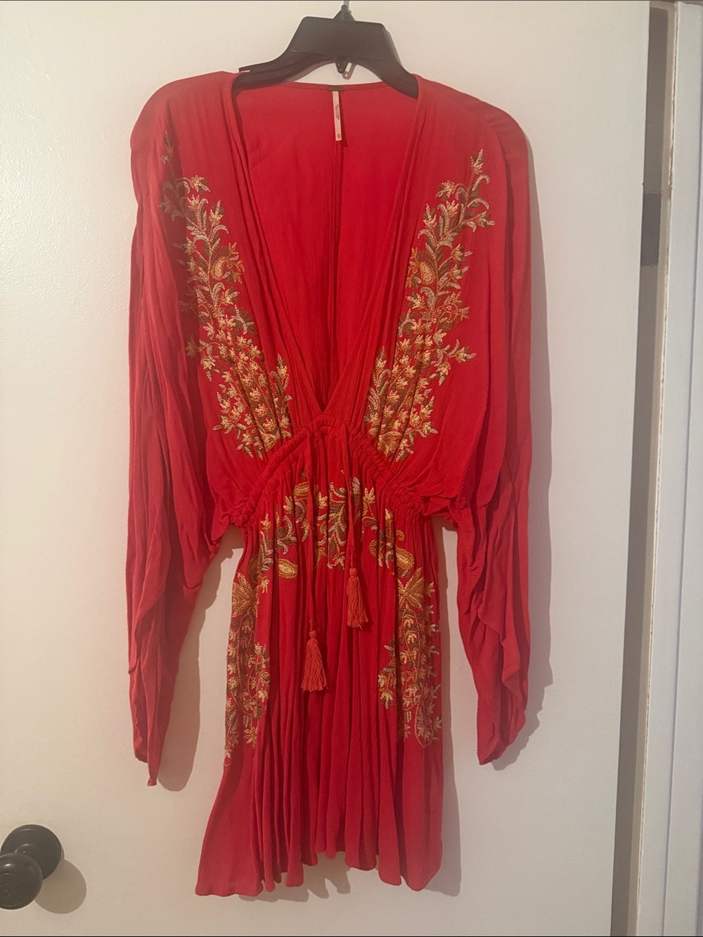 Free People Red Long-Sleeve Embroidered V-Neck Dress